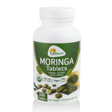 Grenera Organic Moringa Tablet - 240 Tablets/Bottle - Certified Organic (500 mg / uncoated tablet)/ Malunggay Tablet