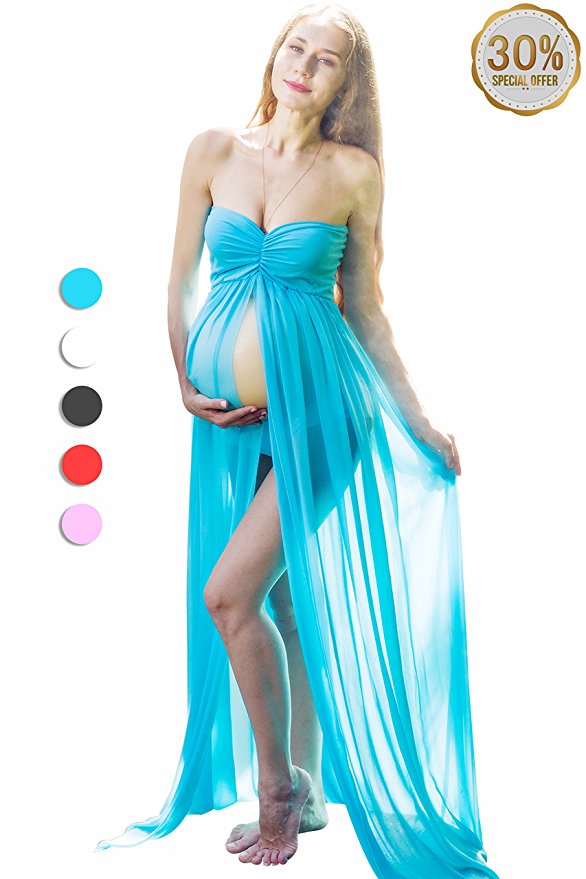 Maternity Strapless Chiffon Gown Split Front Maxi Photography Dress for Photo Shoot On The Beach