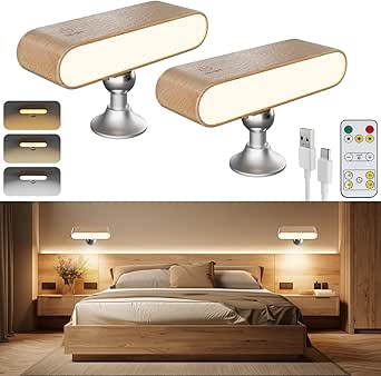 Wireless Wall Sconces Set of 2 [with Remote], Rechargeable Wall Lights Battery Operated Wall Sconce, 3 Color Temps Dimmable & 360° Rotatable, Magnetic Wall Mount Light for Bedroom, Picture