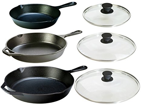 Lodge Seasoned Cast Iron 6 Piece Bundle. Three Sets of Cast Iron Skillets with Tempered Glass Lids. (8 Inch Set   10.25 Inch Set   12 Inch Set)