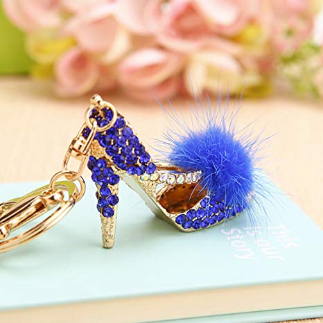 Feather High Heels Shoes Korean Bow Heels Keychain Keyring with Cute Fur Ball for Car Key Purse Bag (Blue)