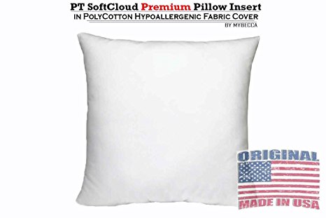 PT 18" X 18" SoftCloud Premium Hypoallergenic Pillow Insert Sham Stuffer in PolyCotton Fabric by MYBECCA, Made in USA