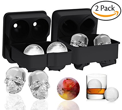 Ouddy 2 Pack Ice Ball Maker Skull Mold, Silicone Ice Cube Trays, Giant Black Skull & Round Ice Cube Maker for Whiskey Wine, Cocktails and Beverages