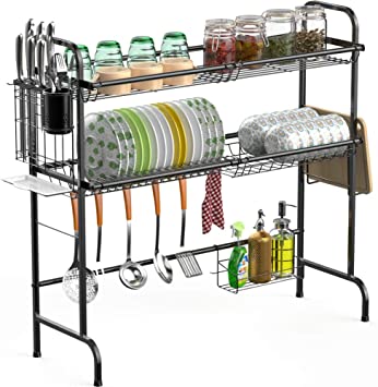 Over the Sink Dish Drying Rack, Cambond 2 Tier Large Dish Drainer Shelf Premium 201 Stainless Steel Dish Rack with Utensils Holder for Kitchen Counter