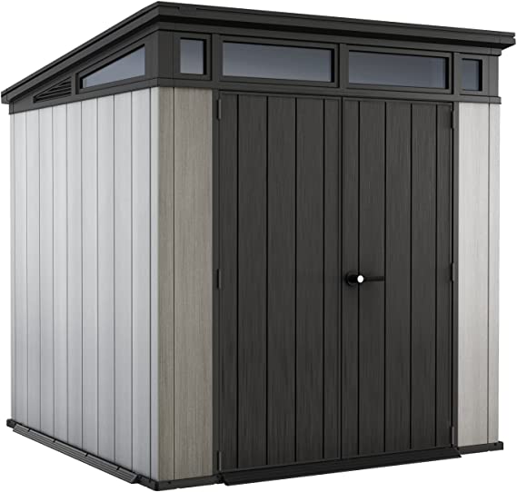 Keter Artisan 7x7 Foot Outdoor Shed with Floor - Modern Design for Patio Furniture, Lawn Mower, Tools, and Bike Storage