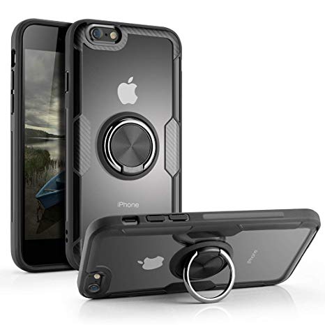Besiva Phone Case Compatible iPhone 6, iPhone 6s, Tempered Glass Back Cover Case with 360° Swivel Ring Kickstand Shock Absorption Anti-Scratch Cover Case,v1