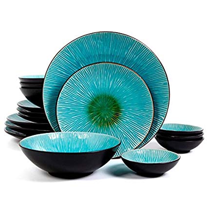 Gibson Elite 98641.16RM Shangi La Court 16 Piece Emboss with Crackle Dinnerware Set, Turquoise