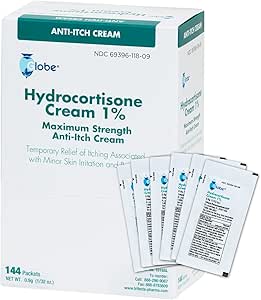 Globe (Box 144 Hydrocortisone 1% Maximum Strength Cream, (0.9g Single Packet) Anti-Itch Cream for Redness, Swelling, Itching, Rash, Bug/Mosquito Bites, Eczema, Hemorrhoids & More