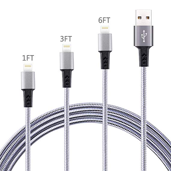 High Speed Cell Phone Charger Cable Nylon Braided 3 Pack 1FT 3FT 6FT USB Fast Charging Cord Compatible with iPhone Xs XS MAX XR 8 Plus 8 7 Plus 7 6 Plus 6s Plus 6s 6 5s 5 5c Bynccea Gray White
