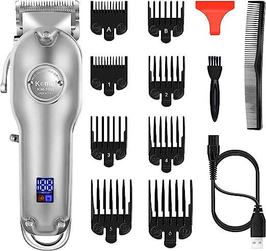 Kemei Hair Clippers for Men Professional Barber Clippers for Cutting Mens Hair Trimmer with Taper Lever Metal Casing Haircutting Kits for Fading & Blending 8 Guards LED Display Rechargeable Cordless