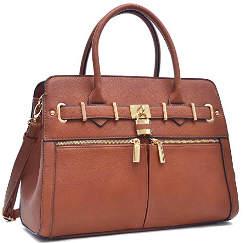 Women Padlock Briefcase Vegan Leather Satchel Handbags Shoulder Bag Work Purse with Double Front Pockets