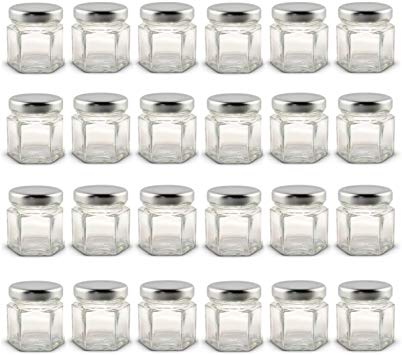 1.5 oz Hexagon Mini Glass Jars with Silver Lids and Labels (Pack of 24)