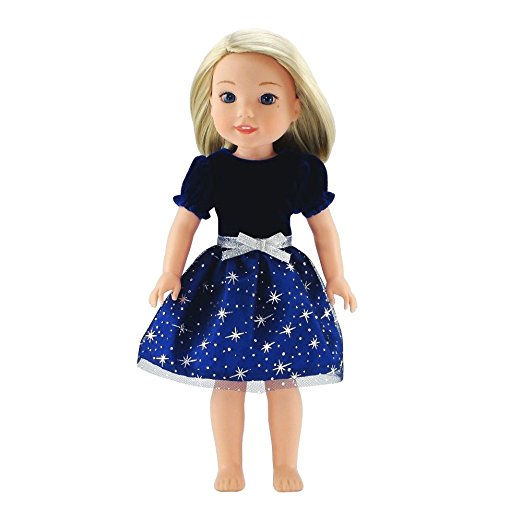 14 Inch Doll Clothes/Clothing | Blue Velvet Holiday Dress Outfit with Silver Stars | Fits American Girl Wellie Wishers Dolls