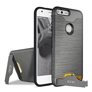 Google Pixel XL Case 5.5",JGOO High Impact Resistant Brushed Texture Dual Layer Protective Bumper,Flexible TPU & Hard PC Slim Shield Back Cover with Secure Hidden Card Slot for Google Pixel XL,Grey