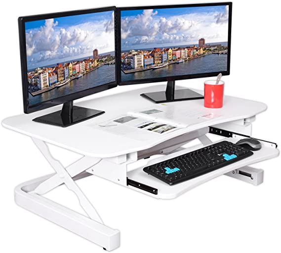 ApexDesk ZT Series Height Adjustable Sit to Stand Electric Desk Converter, 2-Tier Design with Large 36x24" Upper Work Surface and Lower Keyboard Tray Deck (Electric Riser, White)