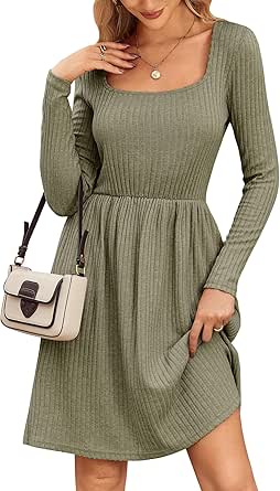 Zeagoo Womens Casual Sweater Dress Square Neck Knit Long Sleeve Dress with Pockets A-Line Knee Length Fall Winter Dress