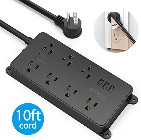 TROND Power Strip Surge Protector 10ft Long Extension Cord, ETL Listed, 7 Widely-Spaced Outlets with 3 USB Ports, 1700 Joules, Multiple Outlet Wall Mount Flat Plug