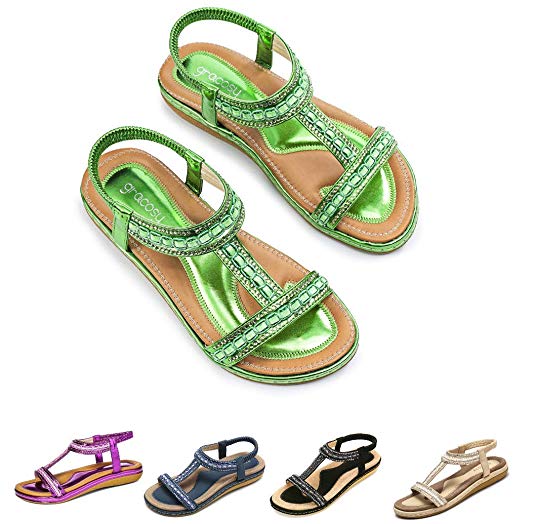 gracosy Women Summer Flat Sandals, Slippers Elastic Flip Flops Bohemian Thong Slip on Rhinestone Low Wedge Beach Sandal