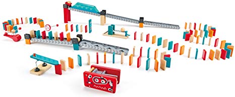 Hape Robot Factory Domino | Double -Sided Wooden Ball Domino Set, Educational Game for Kids