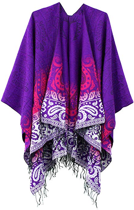 Women's Fashionable Retro Style Vintage Pattern Tassel Poncho Shawl Cape