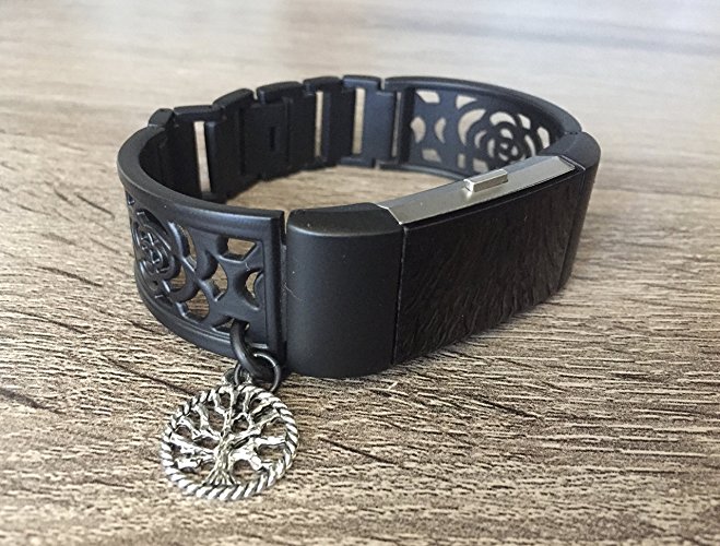 Gunmetal Color Band For Fitbit Charge 2 Fitness Tracker Unique Handmade Black Matte Jewelry Bangle Fitbit Charge 2 Bracelet With Silver Vintage Tree Of Life Spiritual Charm Adjustable Size