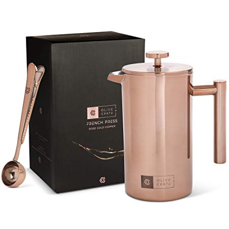 Copper French Press Coffee Maker Kit, Measuring Spoon and Clip - Portable, Manual Coffee Makers - Double-wall, Stainless Steel Pot and Brewer, Great For Travel and Outdoors, Rose Gold, 34 oz