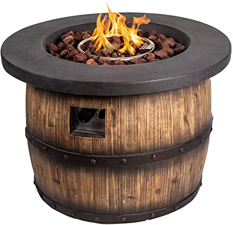 Kevin Outdoor Propane Burning Fire Pit Table, Cast Stone Wood Patio Gas Fire Pit, 34.5" Diameter Steel Base with Free Lava Rocks for Garden Courtyard Terrace Balcony.
