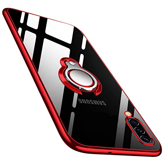 Galaxy A50 Case Clear with Design, Soft TPU Silicone Case with 360 Rotatable Ring Kickstand Magnetic Car Mount Transparent Flexible Cover for Samsung Galaxy A50 - Red