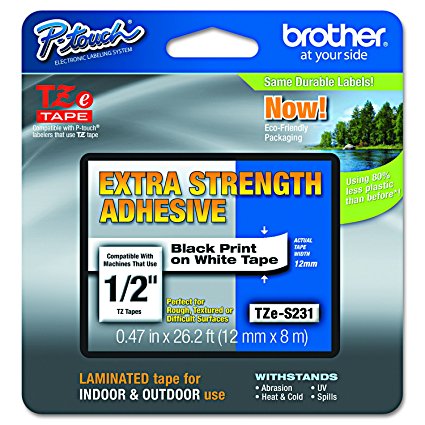 Brother extra strength Tape, Black on White, 12mm (TZeS231)