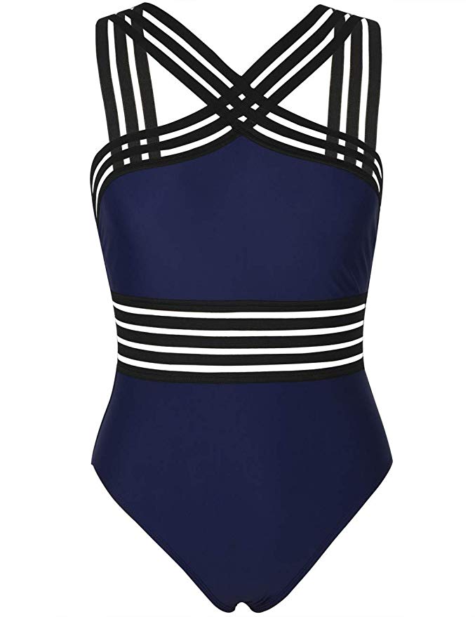 Hilor Women's One Piece Swimwear Front Crossover Swimsuits Hollow Bathing Suits Monokinis