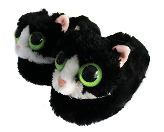 Onmygogo Indoor Fuzzy Winter Animal Cat Plush Soft Kitty Slippers for Men Women and Kid, Lovely Cat with Big Eyes