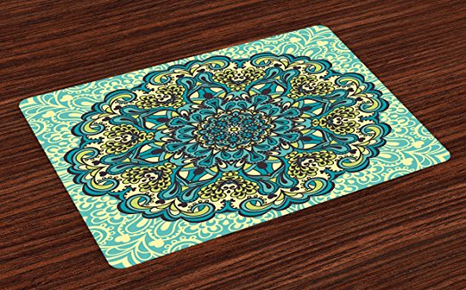 Ambesonne Ethnic Place Mats Set of 4, Abstract Flower Arrangement Mandala Style Nature Elements Vibrant, Washable Fabric Placemats for Dining Room Kitchen Table Decor, Turquoise Teal Pale Yellow