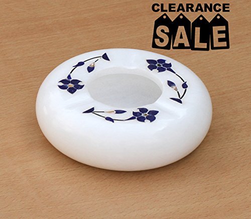 Today SALE - Modern Design Cigarette Ashtray 4 Inch Marble Ashtray - SouvNear Decorative White Smoking Ash Tray with 3 Cigarette Holder Slots with Pietra Dura Artwork - Smoker's Gifts