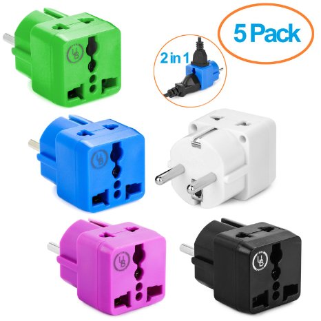 Yubi Power 2 in 1 Universal Travel Adapter with 2 Universal Outlets - Built in Surge Protector - 5 Pack - Green White Blue Black Purple - Type E  F for France Germany Spain Sweden and more