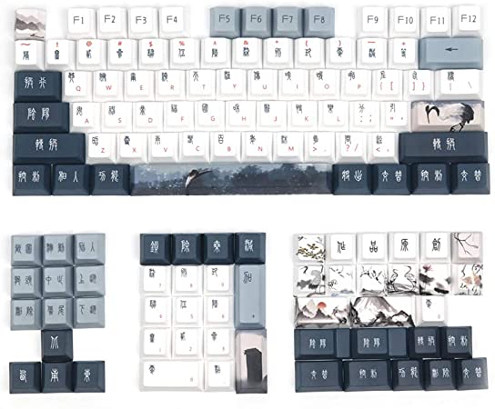 Obokidly Red-Crowned Crane Keycaps PBT 1 Set Cherry Profile Mechanical Keycaps for Cherry MX Key Caps Top Print for 61/87/104/108 MX Switches Mechanical & Optical Gaming (Navy-Grey)