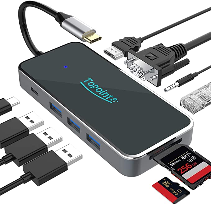 USB C Hub,Type C Hub,10 in 1 Type C Adapter with 1000Mbps Ethernet,4K USB C to HDMI,VGA,3X USB 3.0,PD 3.0 Charging Port,3.5mmAudio,SD/TF Docking Station for MacBook Pro,Chromebook,Other Type C Laptops