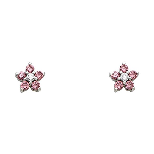 Sterling Silver Rhodium Plated CZ Flower Stud Earrings with Screw Back - 12 Different Color Available