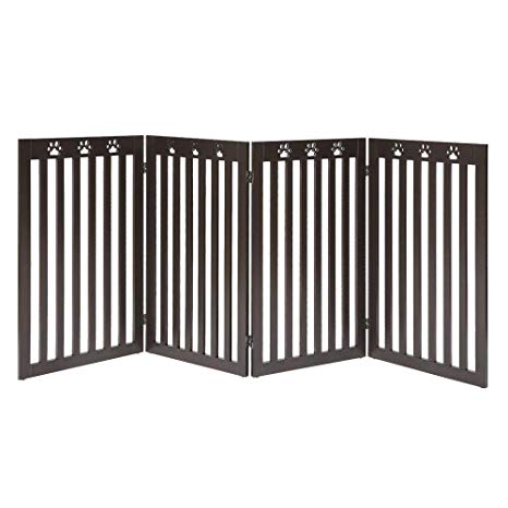unipaws- Freestanding Paw Deco 36" Tall Dog Gate Indoor (Espresso) | Up to 80" Wide | Assembly-Free | Sturdy Wooden Structure | Foldable Design
