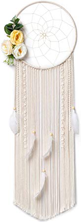 Mkono Macrame Wall Hanging Dream Catchers Handmade Feather Dreamcaters with Artificial Flowers Beads for Home Boho Decor Wedding Apartment Bedroom Living Room Gallery