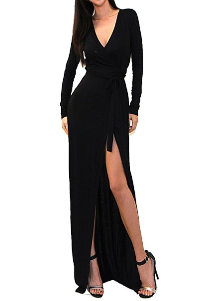 VIVICASTLE Women's Sexy Long Sleeve Tulip Wrap Slit Front Full Long Maxi Dress