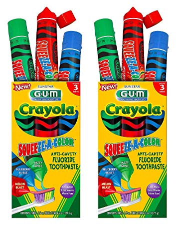 Sunstar GUM Crayola Squeeze-A-Color Anti-Cavity Fluoride Toothpaste 1.5 Ounce, 3 Tubes (Pack of 2)