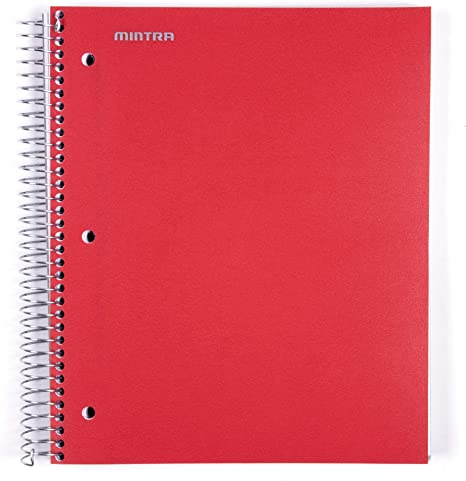 Mintra Office Durable Spiral Notebooks, 5 Subject, (Red, Wide Ruled 1pk) 200 Sheets, Poly Pockets, Moisture Resistant Cover, School, Office, Business, Professional