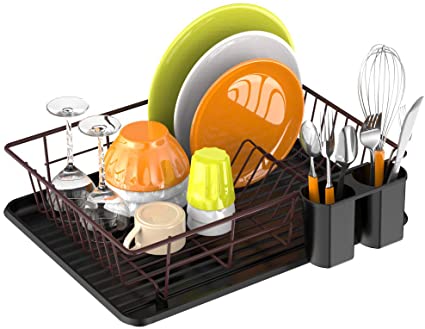 Dish Drying Rack,Ace Teah Small Dish Rack Drainer with Drain Board for Kitchen Counter, Bronze