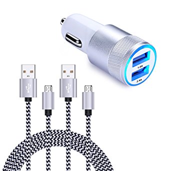 Cell Phone Car Charger, FiveBox Dual USB Mini Universal Car Charger Adapter With 2 Pack 6ft Micro USB Charging Cable Charger for Samsung Galaxy S7 Edge/S6/S5, Note 5/4, HTC, LG, Motorola, Sony, Kindle