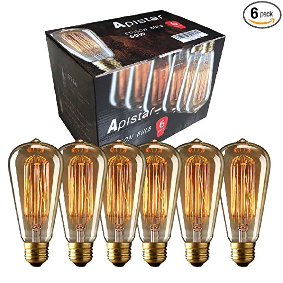 NEW Edison Vintage Bulbs - 6 pack - Aplstar Bulbs - 60W Incandescent - Clear Glass - ST64 Squirrel Cage - Dimmable