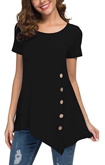 Viishow Women's Short Sleeve Scoop Neck Button Side Tunic Tops Blouse