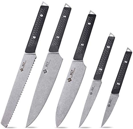 BGT Swedish Sandvik 12C27 Stonewash Stainless Steel 5pcs Kitchen Knives,G10 Handle Professional Chef Knife Set with Knife Roll Bag