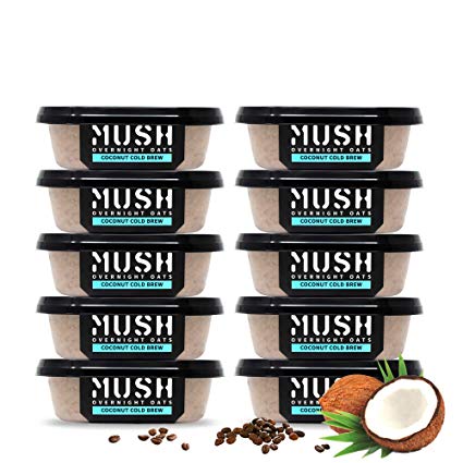 MUSH Overnight Oats Healthy Breakfast | Gluten-Free, Non-GMO, Dairy Free, High-Fiber, Protein Rich, No Added Sugar | 10 Pack Coconut Cold Brew Oatmeal Cups