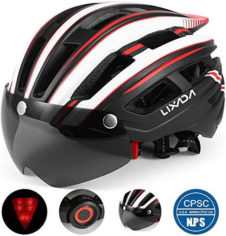 Lixada Bike Helmet with Detachable Magnetic Goggles Visor and LED Back Light Mountain & Road Bicycle Helmets Adjustable Size UV Protective Adult Cycling Helmets