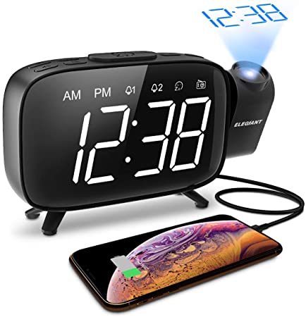 ELEGIANT Projection Alarm Clock, Digital Radio Alarm Clock Home Alarm Clock with Large LED Screen, Dual Alarm with USB Charging Port, 12/24H Setting Backup Battery for Bedroom Offices